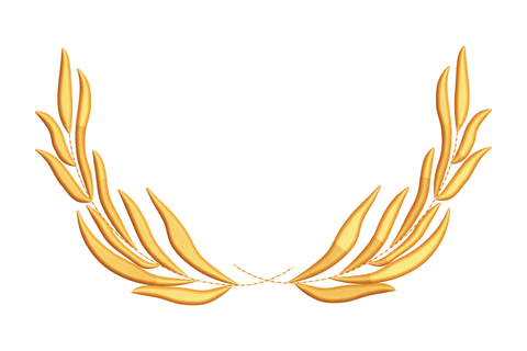 Gold laurel wreath embroidery design in a flat horizontal wing-spread style, two short branches sweeping wide from a centre meet point in champagne butter-yellow thread.