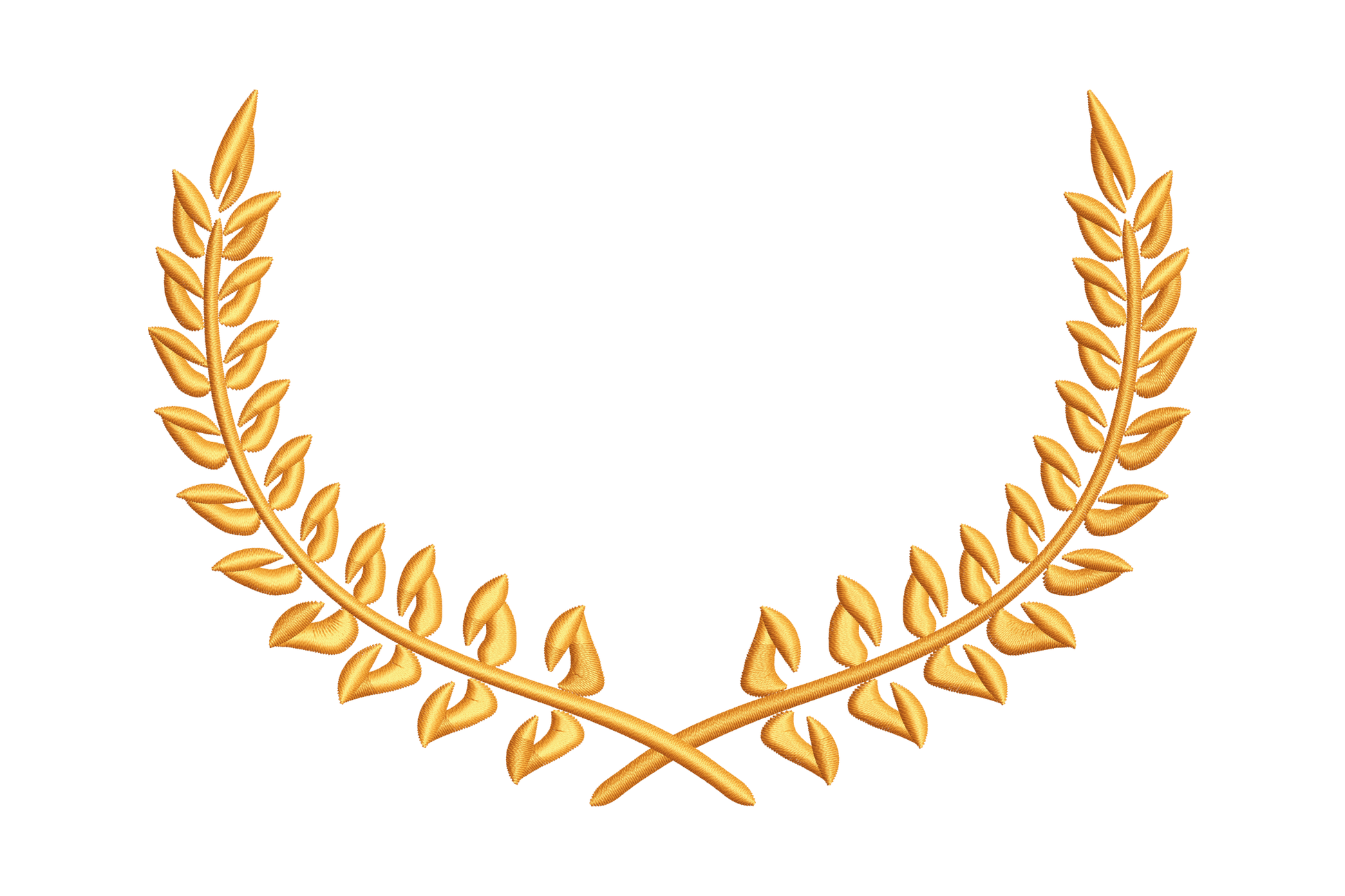 Golden classic laurel wreath embroidery design, symmetrical open branches in warm orange thread digitised in Wilcom EmbroideryStudio, 5 sizes from 3 to 7 inches.