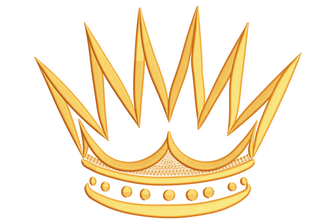 Golden crown embroidery with five tall sharp peaks, faceted gold shading and a curved base band lined with round bead jewels