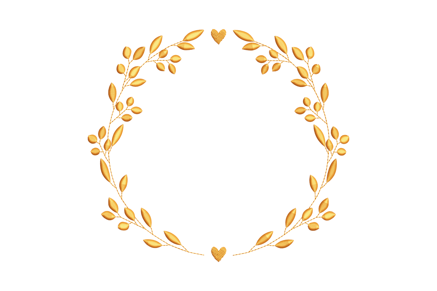 Golden floral heart wreath embroidery design, a fully closed circular ring of looped botanical sprigs with small heart accent points at top and bottom, stitched in warm copper-tone thread.