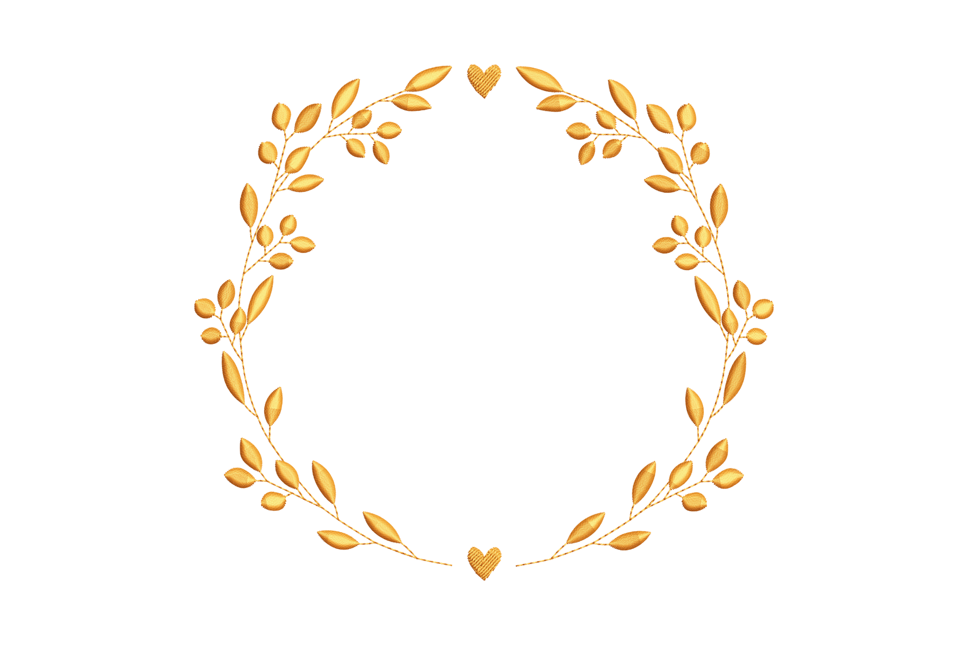 Golden floral heart wreath embroidery design, a fully closed circular ring of looped botanical sprigs with small heart accent points at top and bottom, stitched in warm copper-tone thread.