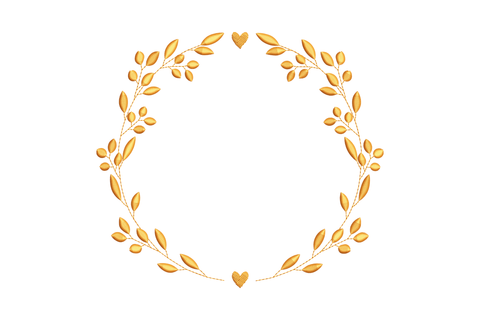Golden floral heart wreath embroidery design, a fully closed circular ring of looped botanical sprigs with small heart accent points at top and bottom, stitched in warm copper-tone thread.