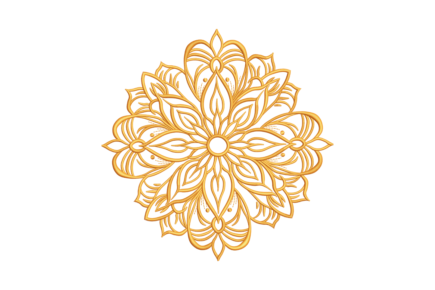 Single-colour golden floral mandala machine embroidery, outlined lotus petal layers with dot accents on white background