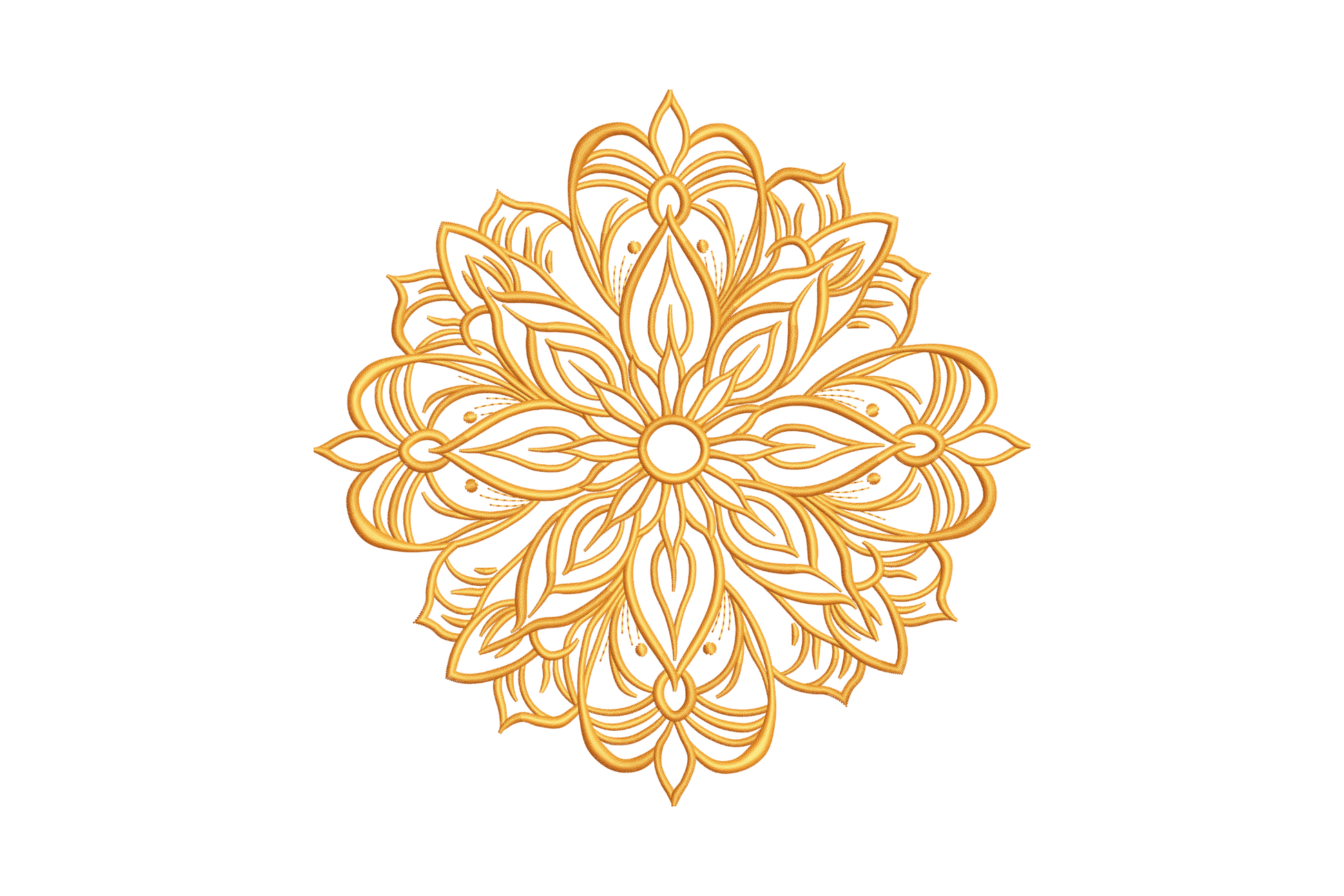Single-colour golden floral mandala machine embroidery, outlined lotus petal layers with dot accents on white background