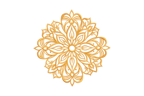 Single-colour golden floral mandala machine embroidery, outlined lotus petal layers with dot accents on white background