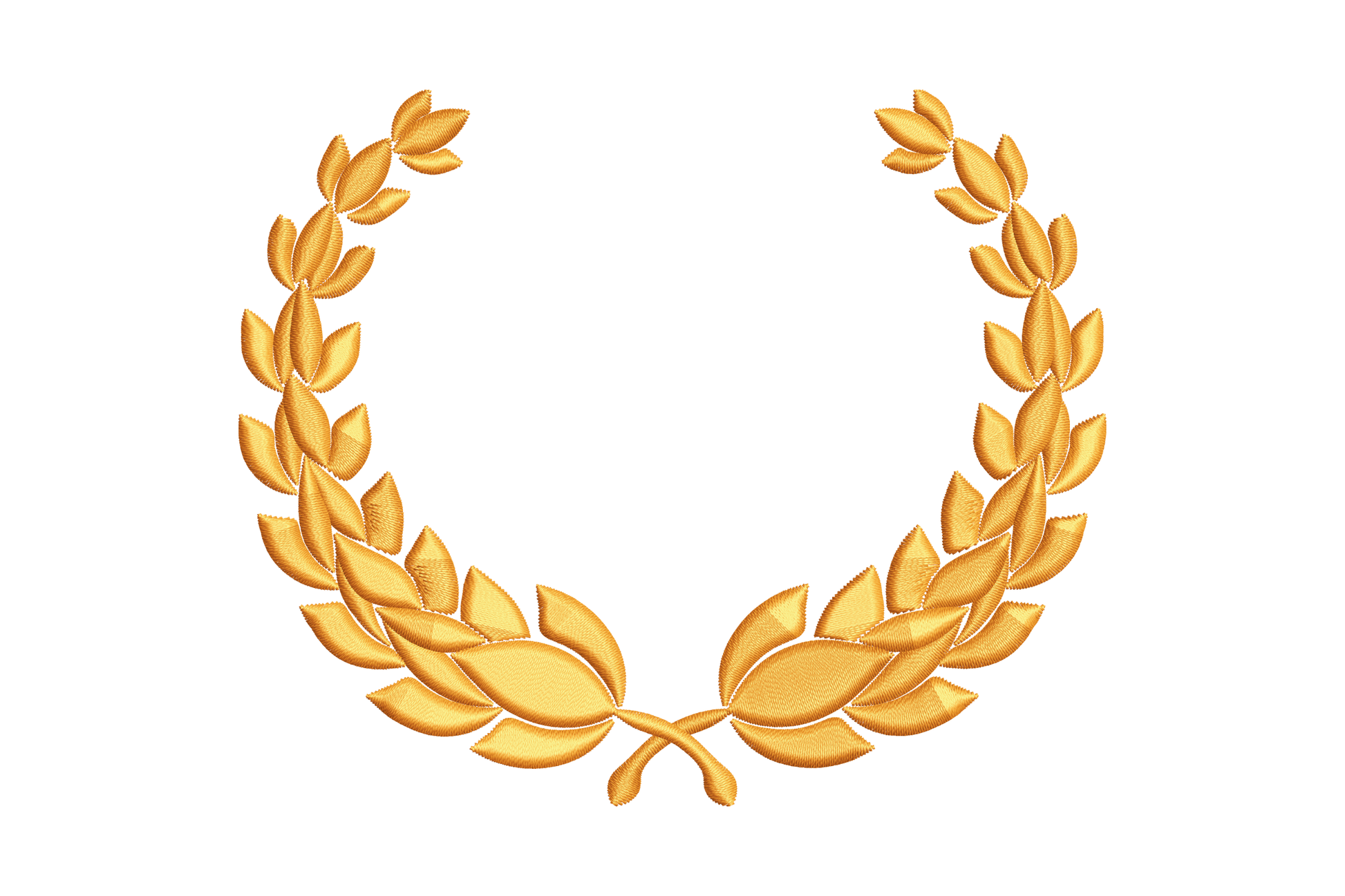 Golden leaf wreath embroidery design with dense satin-filled leaf clusters joining at the base to form a near-complete circle vintage emblem, stitched in brass-tone thread.