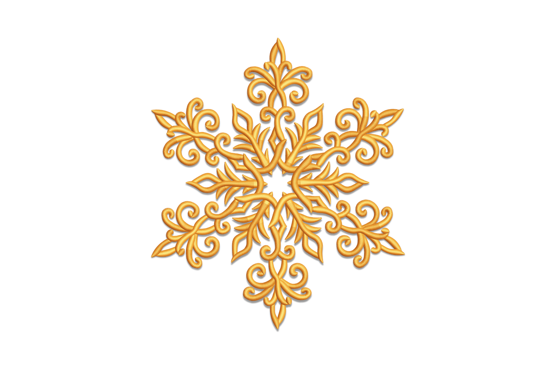 Golden ornamental snowflake with curlicue arm tips and layered baroque medallion centre, single gold thread on cream.