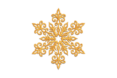 Golden ornamental snowflake with curlicue arm tips and layered baroque medallion centre, single gold thread on cream.