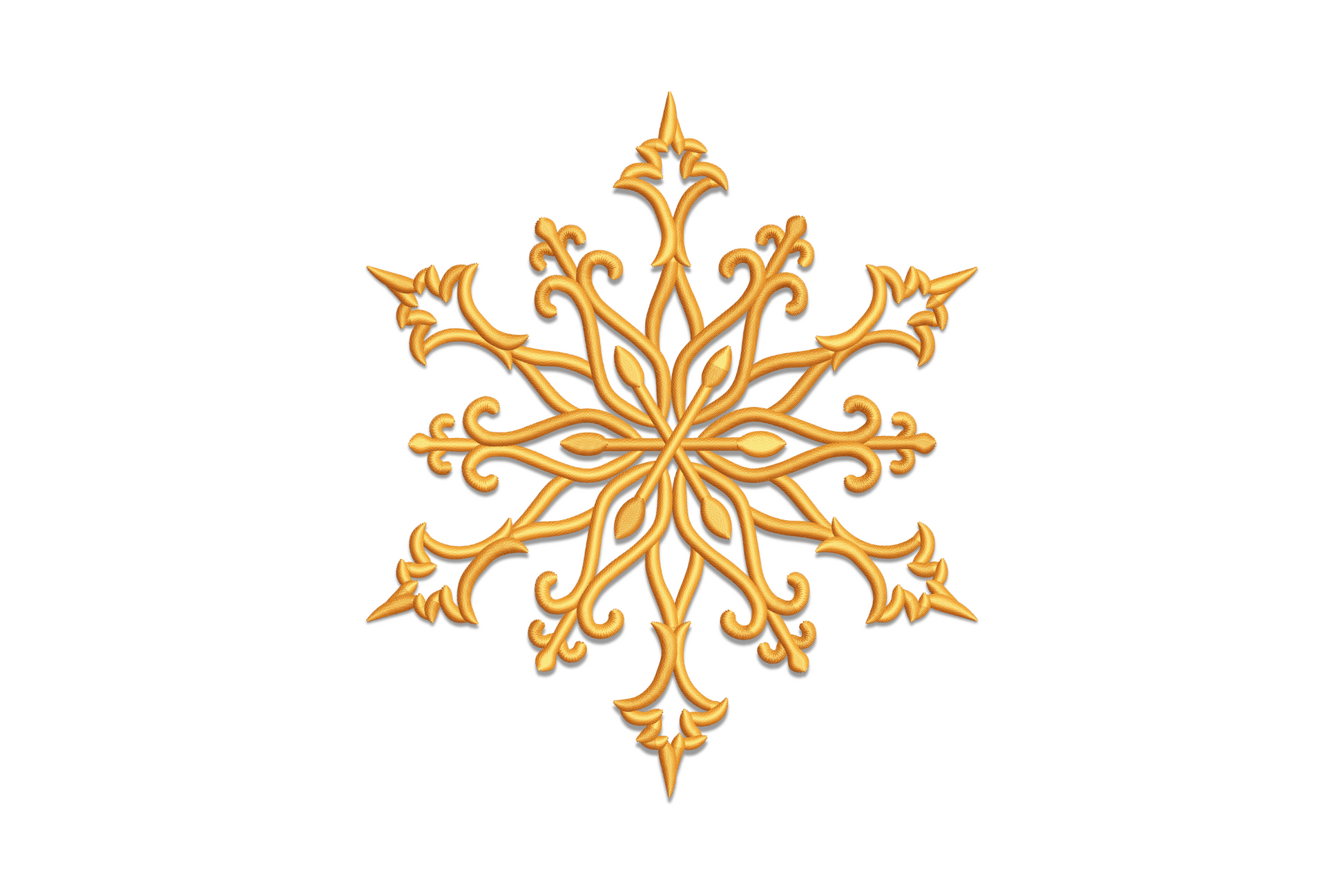 Golden ornate snowflake embroidery design with dense filigree filling every arm and diamond-point tips on cream linen ground.