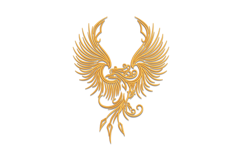Golden phoenix embroidery design with wings fully spread, ornate tribal filigree feather linework and long curling tail spikes, single amber gold thread.