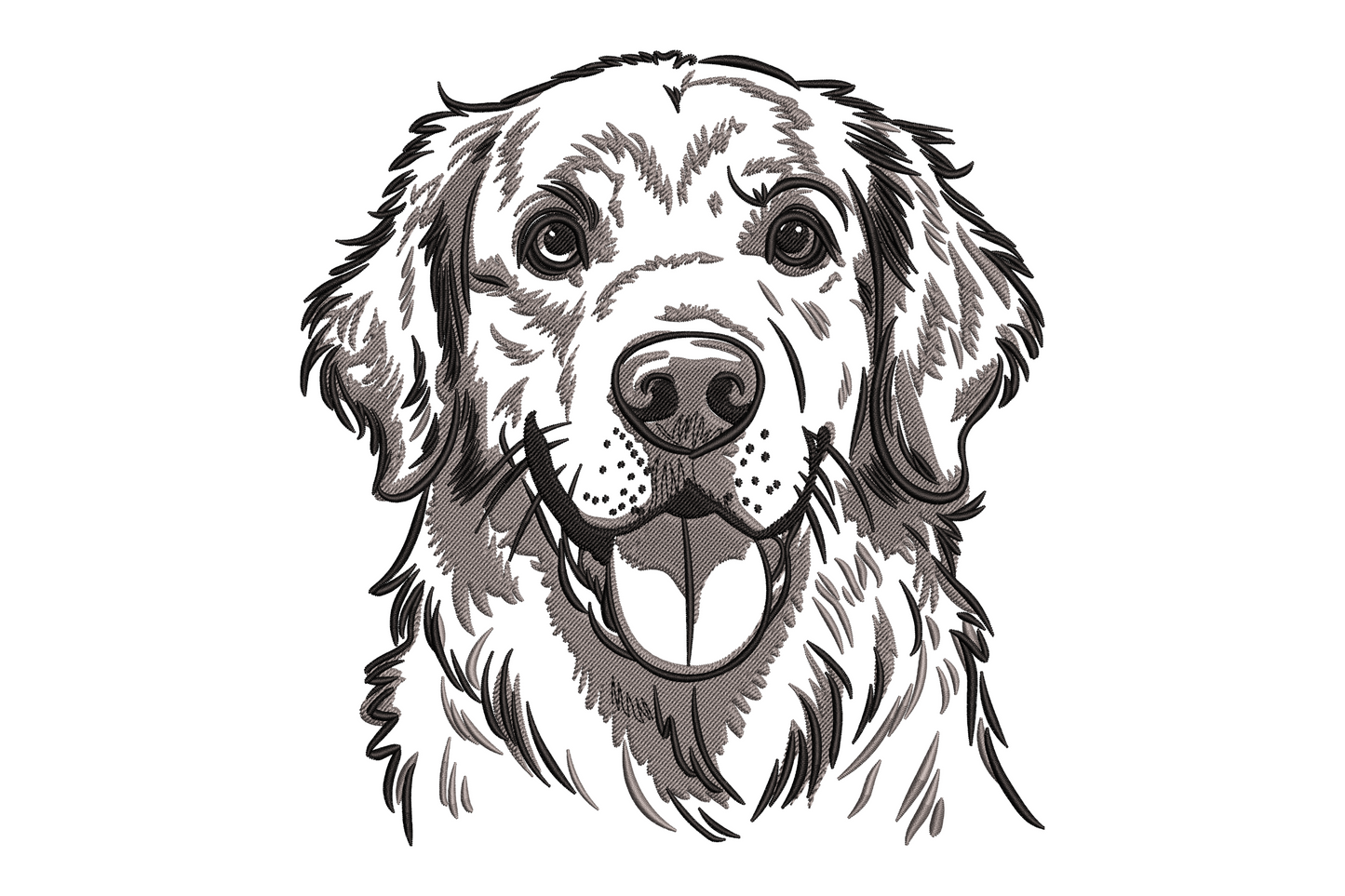 Golden retriever dog face embroidery design in two warm golden and brown tones, directional satin fur fills, portrait style on white background.