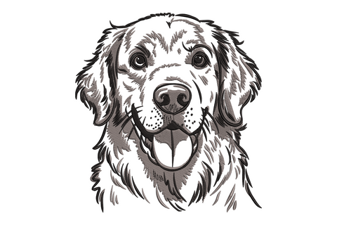 Golden retriever dog face embroidery design in two warm golden and brown tones, directional satin fur fills, portrait style on white background.