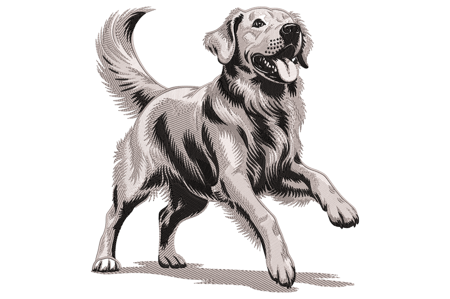 Golden retriever dog embroidery design, pencil sketch engraving style trotting pup with lifted paw and curled tail.