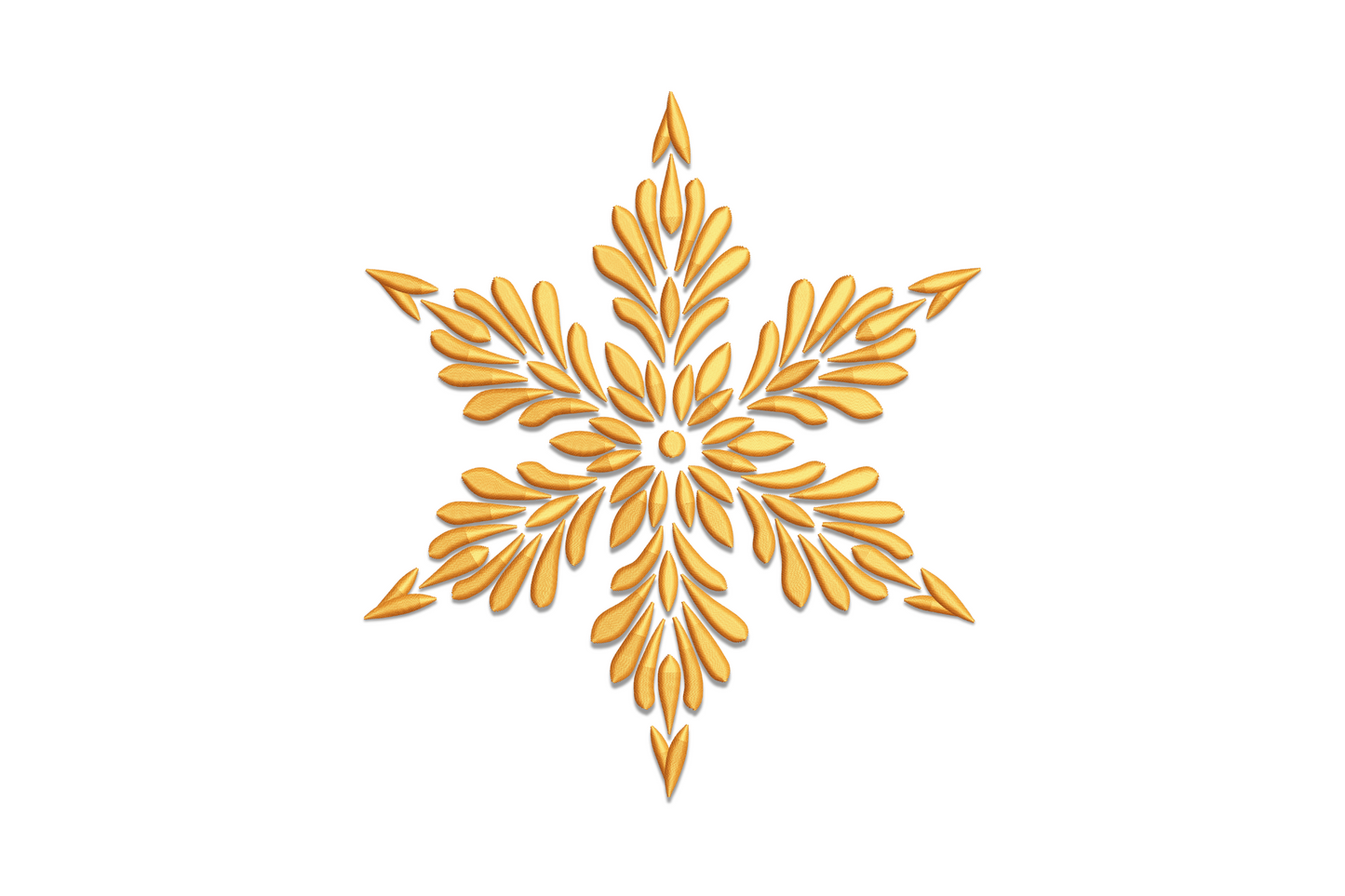 Clean golden snowflake embroidery design, straight 6-point arms and minimal side branching, single gold thread on white.