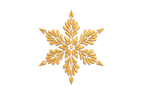 Clean golden snowflake embroidery design, straight 6-point arms and minimal side branching, single gold thread on white.