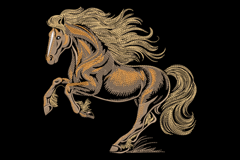 Golden stallion embroidery, rearing horse with amber-gold mane and tail on black background in layered fill.
