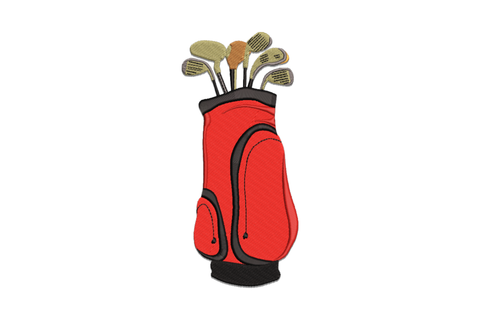 Golf bag with clubs embroidery design, red upright golf bag with side pocket and nine fanned olive and gold club heads showing above the rim.