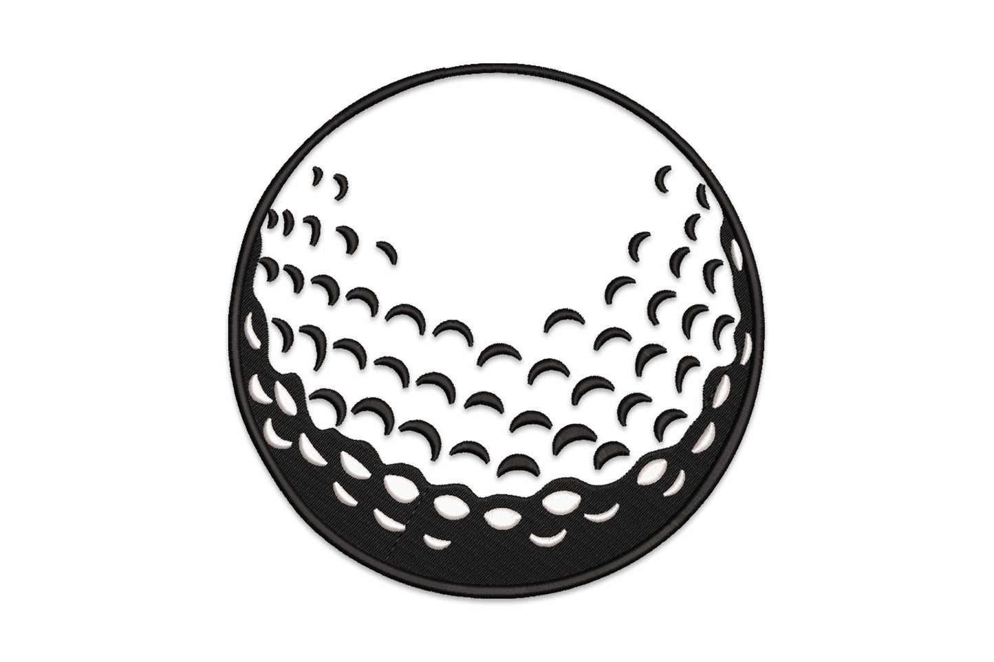 Realistic golf ball embroidery design with packed crescent dimple pattern, dense black satin fill and white highlight stitching in a circular frame.