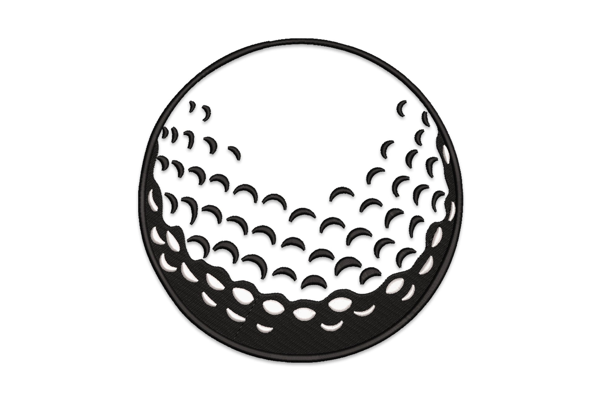 Realistic golf ball embroidery design with packed crescent dimple pattern, dense black satin fill and white highlight stitching in a circular frame.