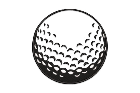 Realistic golf ball embroidery design with packed crescent dimple pattern, dense black satin fill and white highlight stitching in a circular frame.