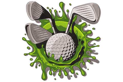 Golf ball splash embroidery design with white dimpled ball, crossed silver irons and a lime-green paint splat burst.