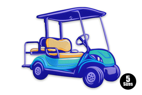 Golf cart machine embroidery design showing a detailed side-view golf cart with canopy, seat, club bag and wheels in 8 colours including white body and black tyres