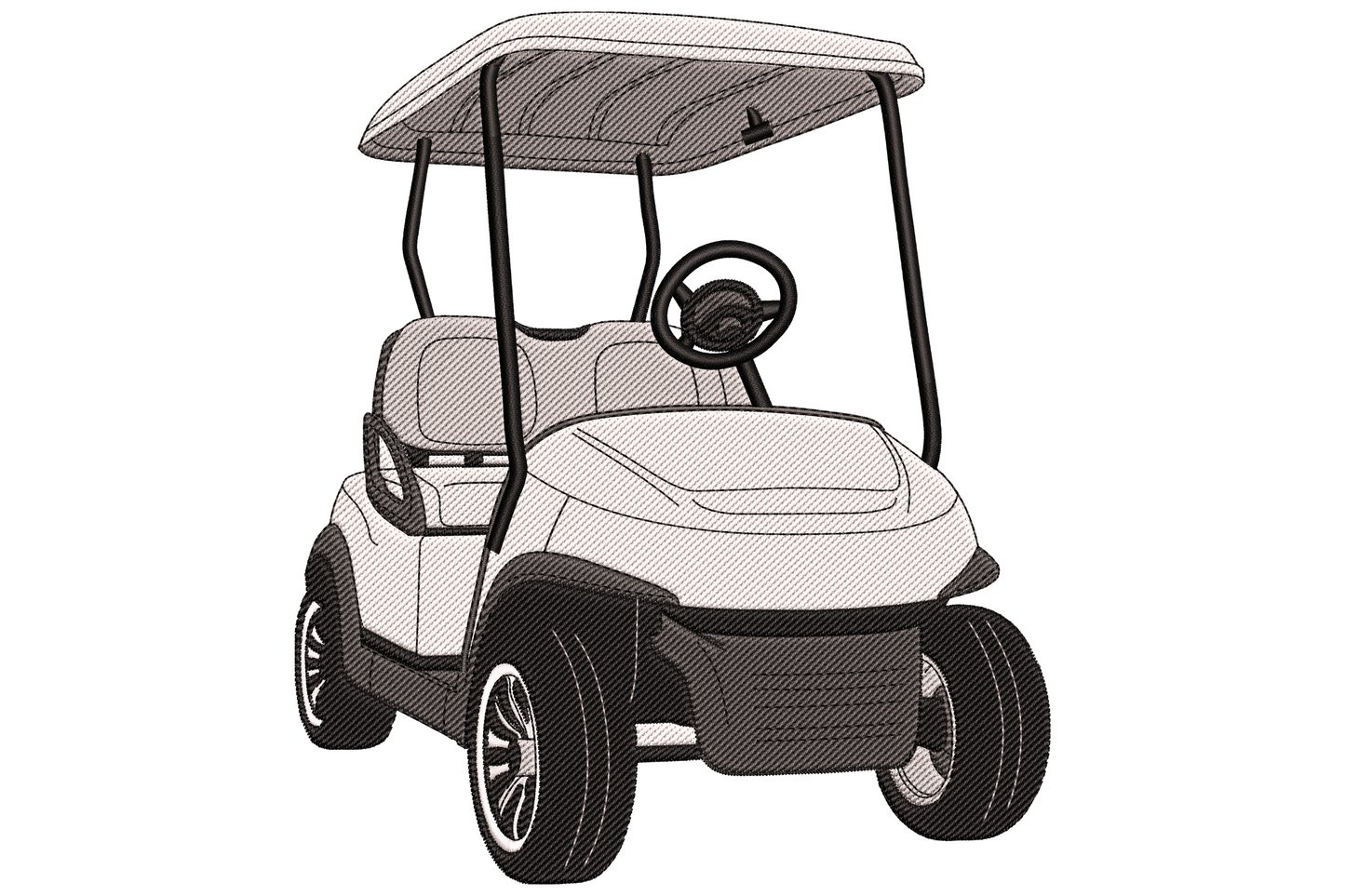 Machine embroidery design of a realistic two-seater golf cart in white and grey with black wheels for golf polos and gifts