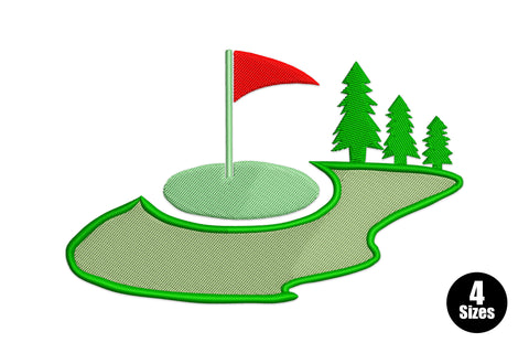 Golf course flag embroidery design, putting green with red pin flag, cream sand bunker and three pine trees on the right.