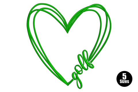 Golf heart outline embroidery in green thread, hand-drawn triple-line heart with golf cursive at the bottom curve.