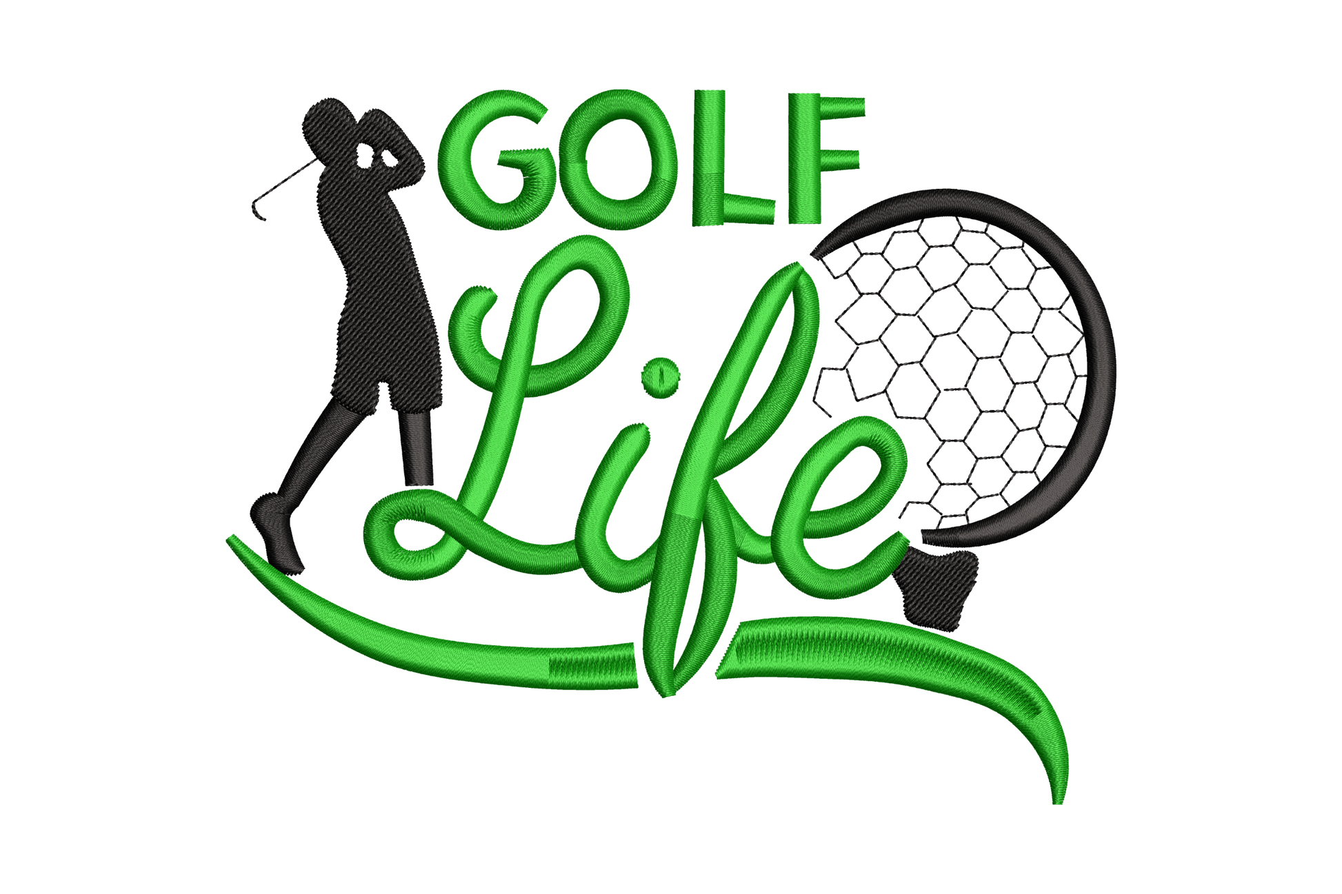 Golf Life embroidery design with black golfer swing silhouette, dark green block GOLF lettering and flowing Life script with golf ball.