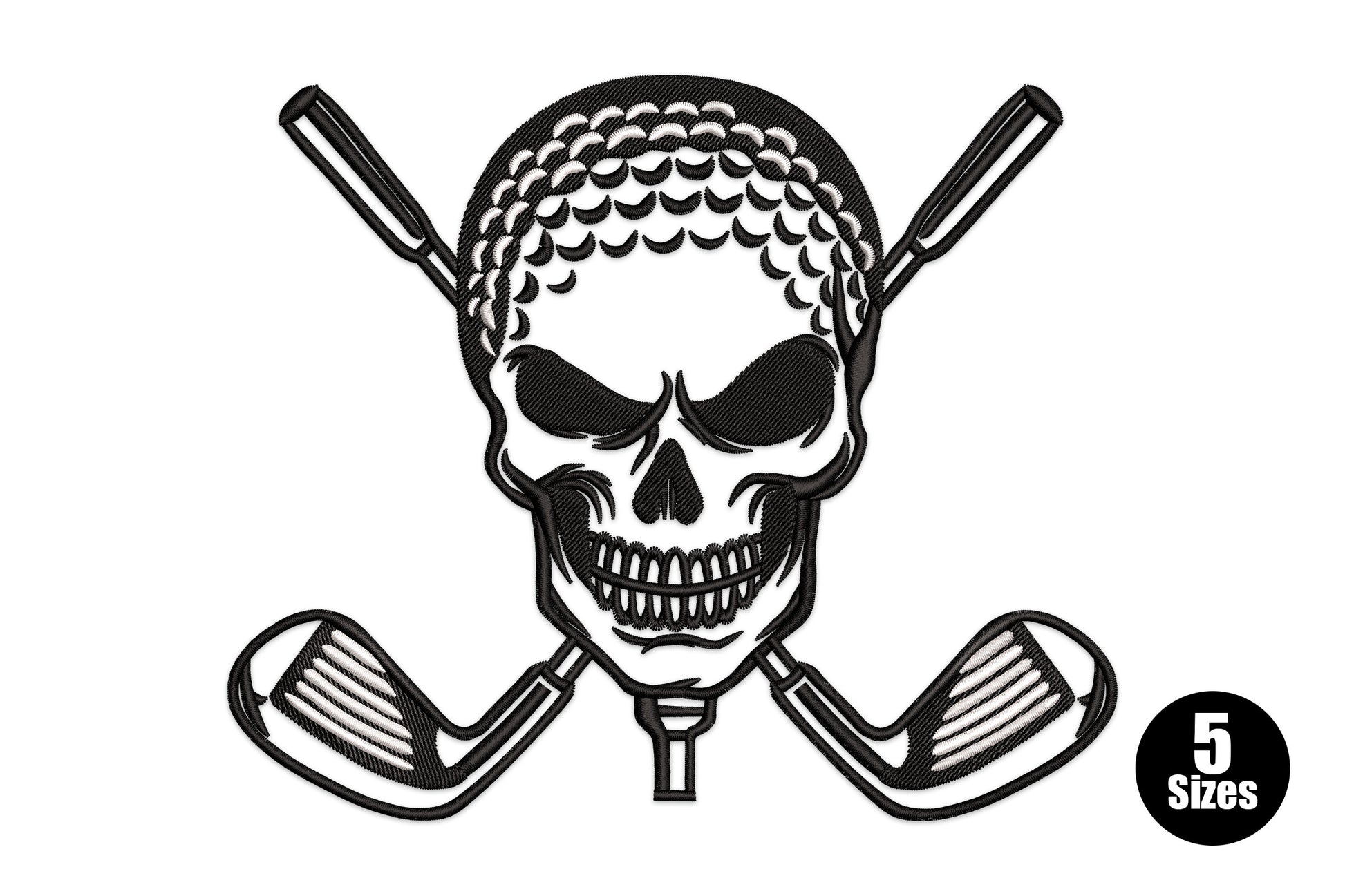 Golf skull crossed clubs embroidery design, dimpled golf-ball skull crown with crossed iron clubs and tee below the jaw.