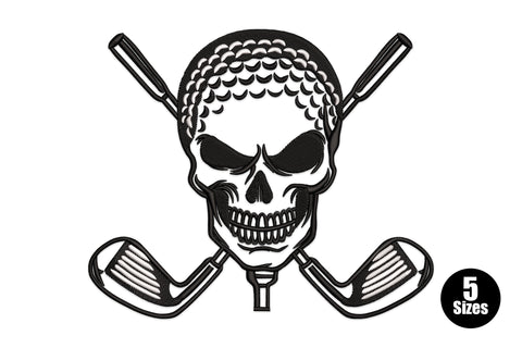 Golf skull crossed clubs embroidery design, dimpled golf-ball skull crown with crossed iron clubs and tee below the jaw.