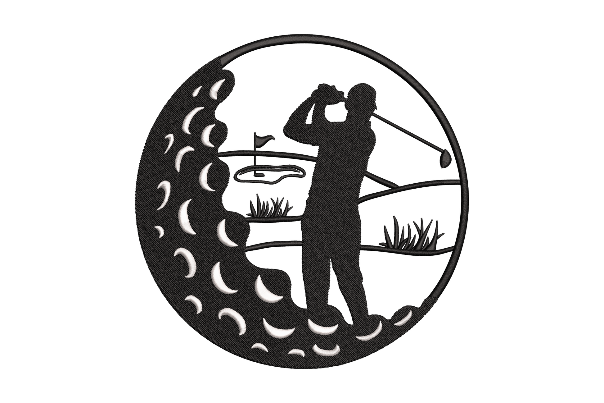 Golfer moon phase embroidery design showing a full-swing silhouette golfer centred on a horizontal arc of moon phase discs, 2-colour black and white satin fill on fabric