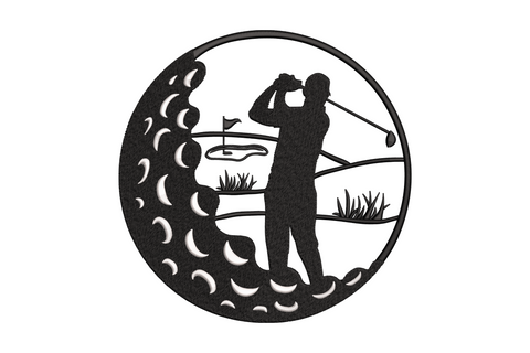Golfer moon phase embroidery design showing a full-swing silhouette golfer centred on a horizontal arc of moon phase discs, 2-colour black and white satin fill on fabric