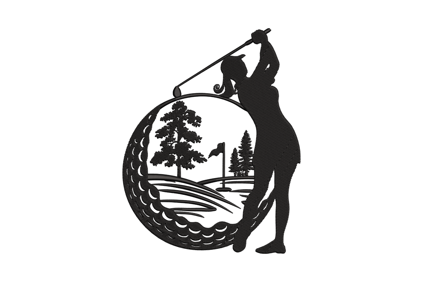 Golfer silhouette mid-downswing embroidery with layered mountain scene background, single colour fill with directional stitching on peaks