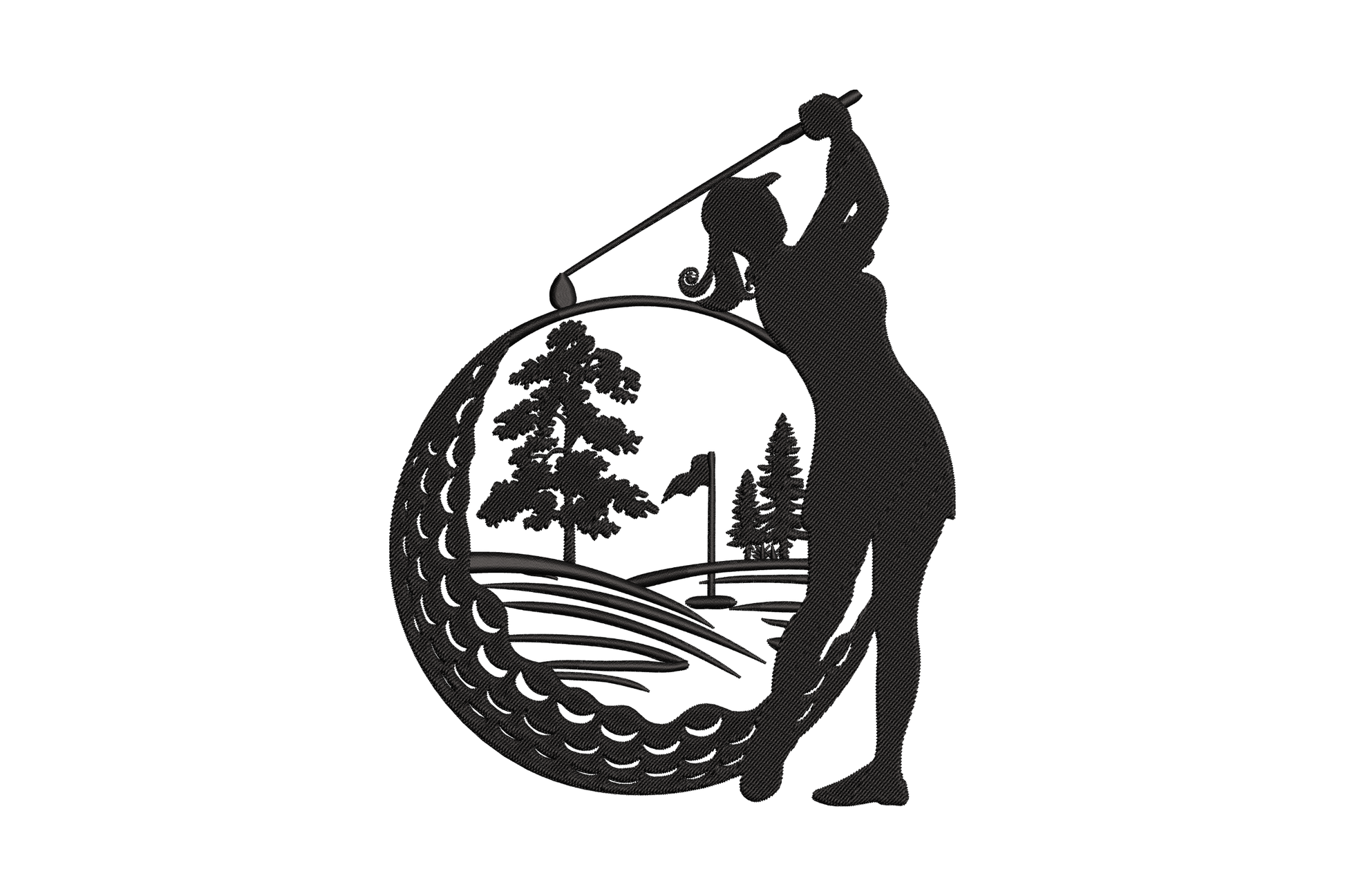 Golfer silhouette mid-downswing embroidery with layered mountain scene background, single colour fill with directional stitching on peaks