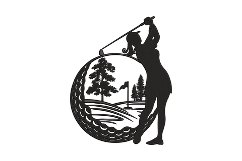 Golfer silhouette mid-downswing embroidery with layered mountain scene background, single colour fill with directional stitching on peaks
