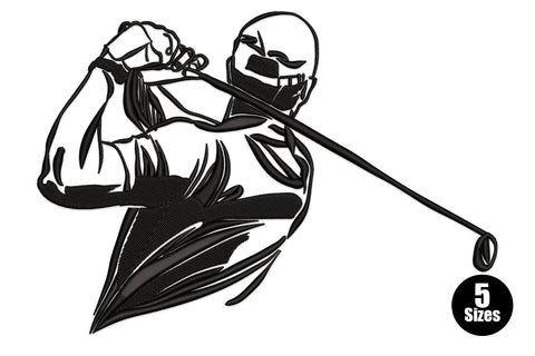 Golfer swing line art embroidery in black thread, side-on figure mid-swing with club extended and sketchy fill body.