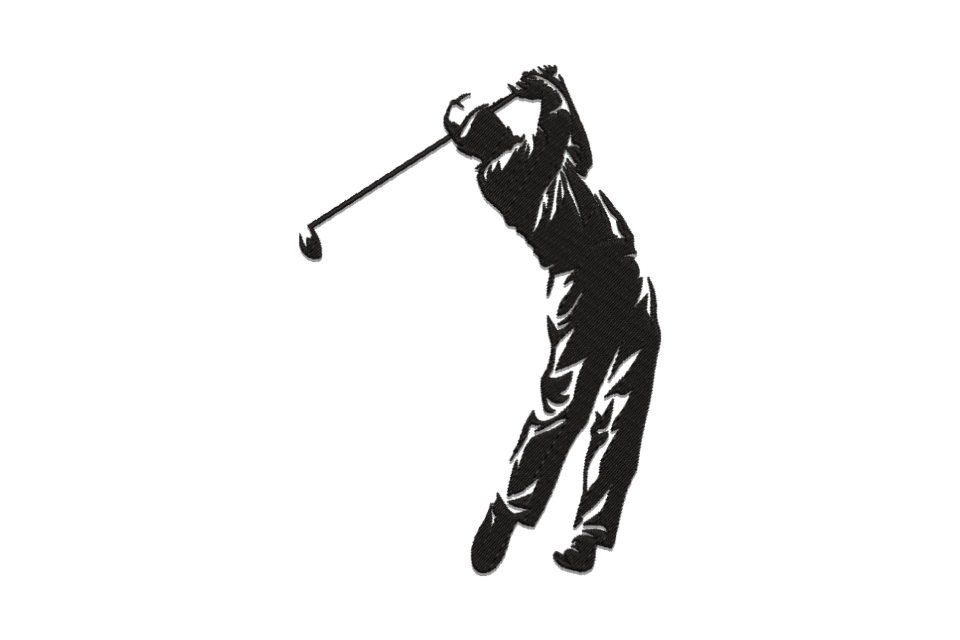 Golfer swing silhouette embroidery design, black thread, side-profile at top of backswing with scribbled sketch shading.