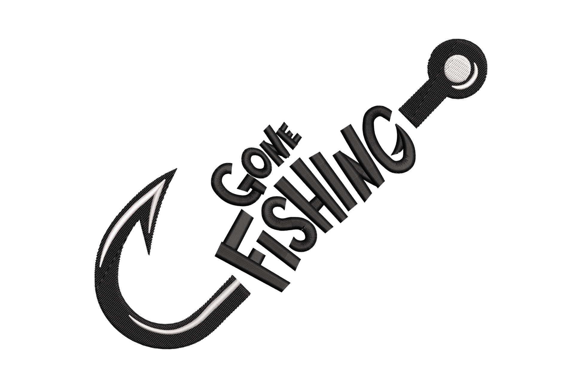 Machine embroidery Gone Fishing typography merged with a J-shaped fish hook in black and grey on white background