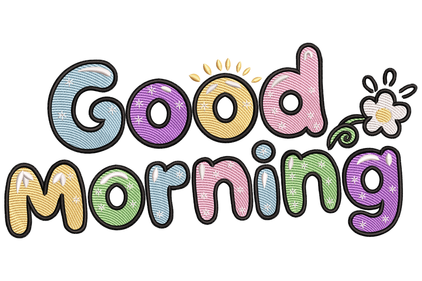 Good morning bubble text embroidery design with chunky rounded letters in alternating pastels peach butter yellow pink mint lavender sky blue, dark outline, two stacked lines.