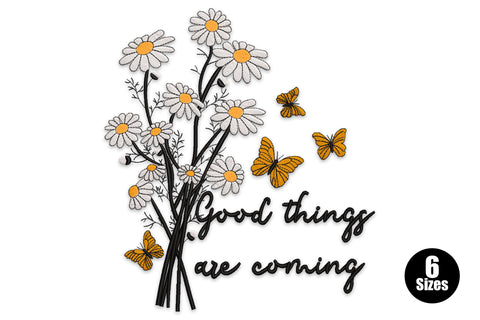 Daisy bouquet embroidery design with amber butterflies and good things are coming cursive script in black, white, and orange