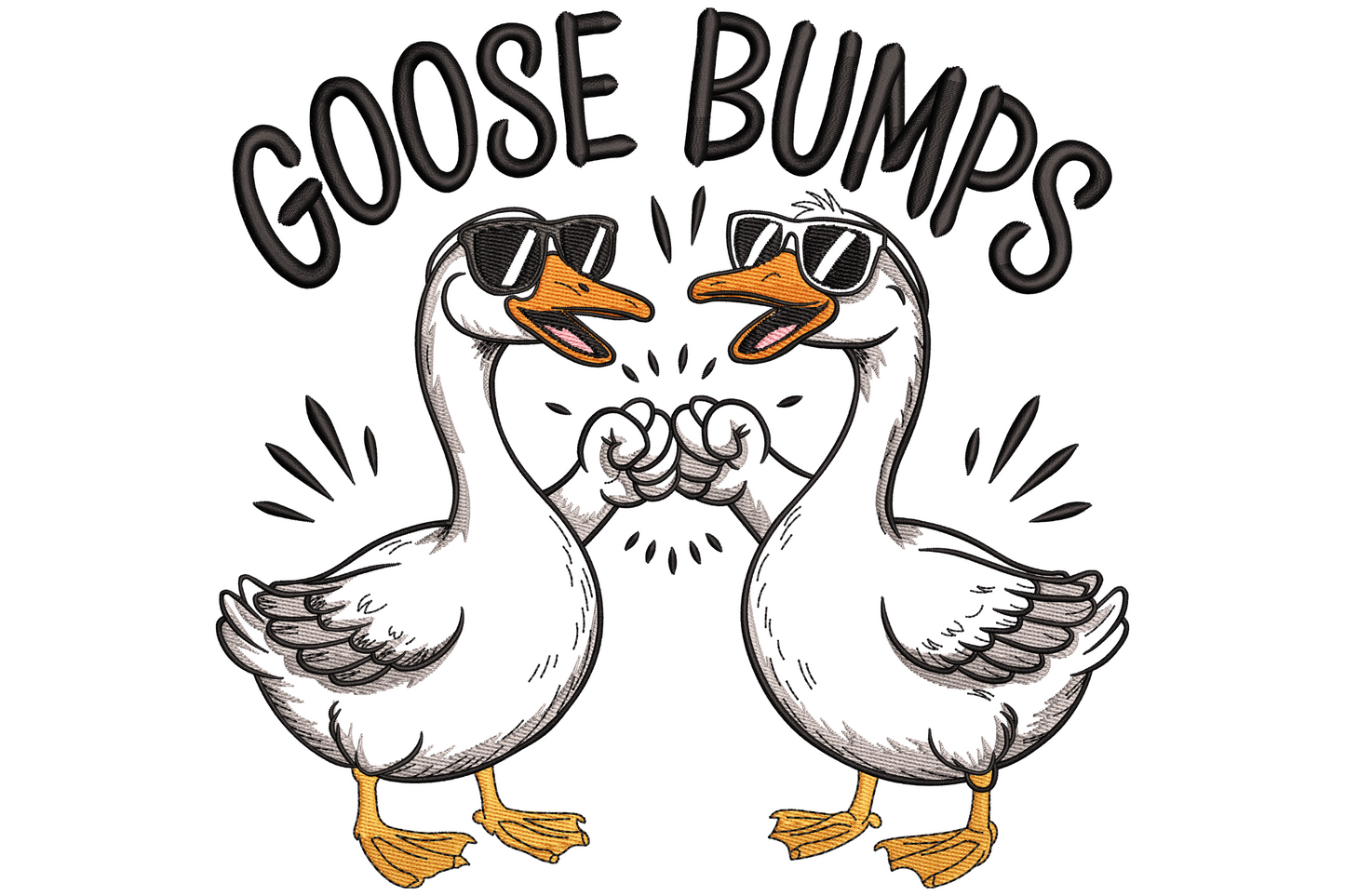 Goose bumps embroidery with two cartoon geese in sunglasses fist bumping, GOOSE BUMPS text arc above, orange beaks and feet.