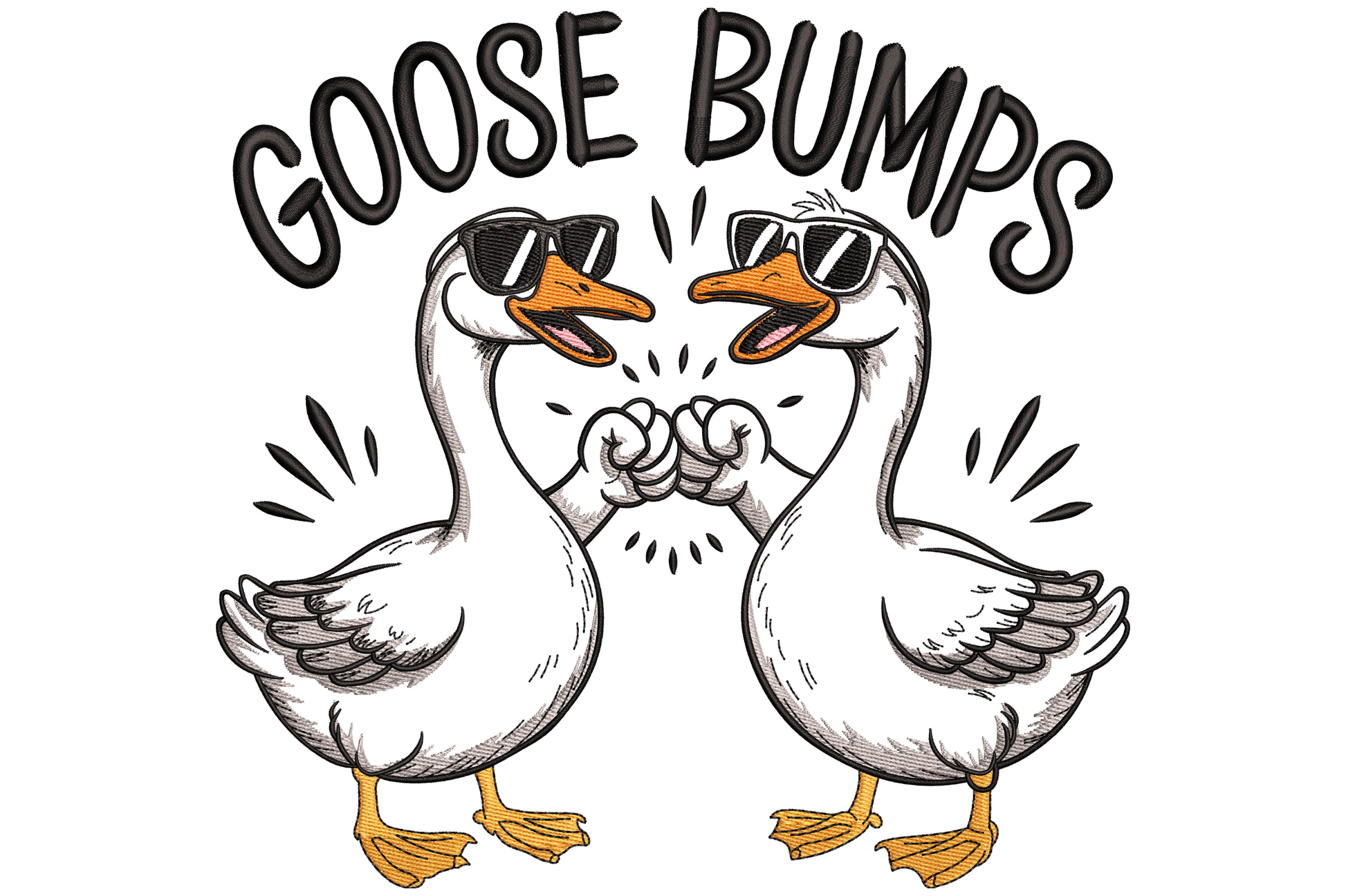 Goose bumps embroidery with two cartoon geese in sunglasses fist bumping, GOOSE BUMPS text arc above, orange beaks and feet.