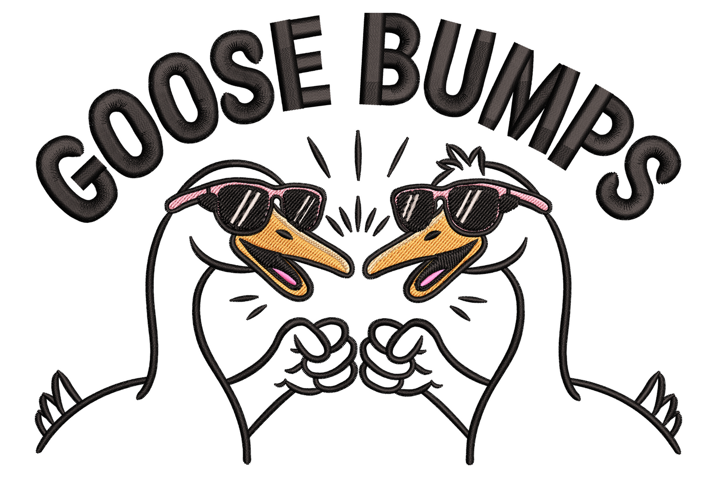 Funny cartoon goose throwing a fist bump with Goose Bumps pun text arced above in chunky bold lettering.