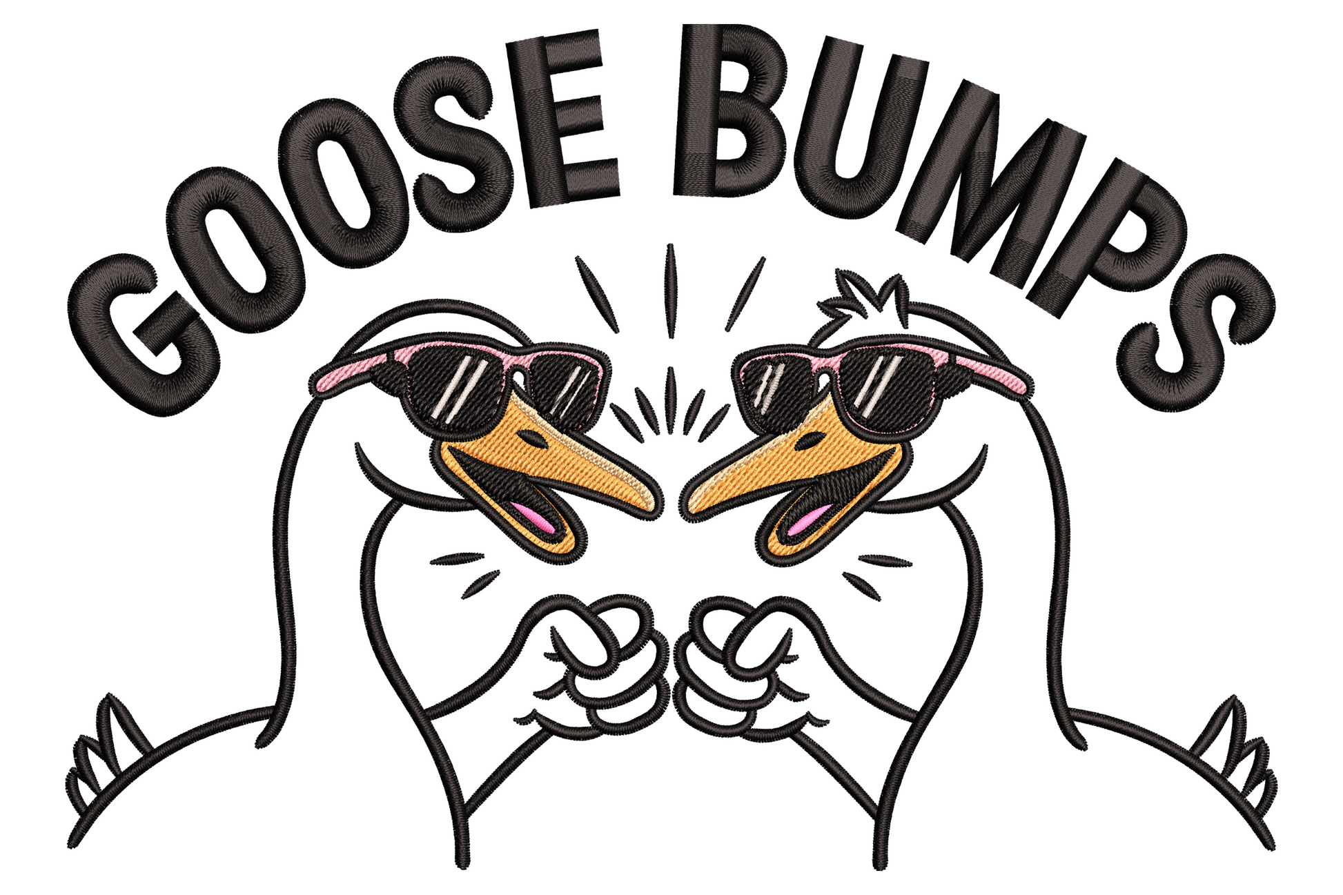 Funny cartoon goose throwing a fist bump with Goose Bumps pun text arced above in chunky bold lettering.