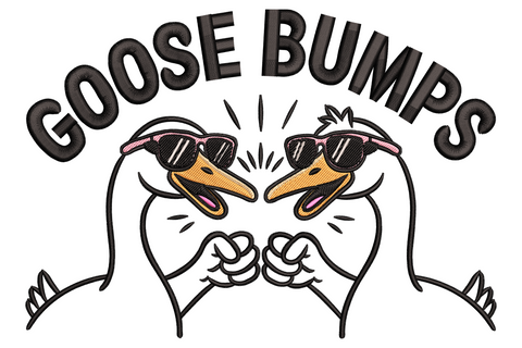 Funny cartoon goose throwing a fist bump with Goose Bumps pun text arced above in chunky bold lettering.
