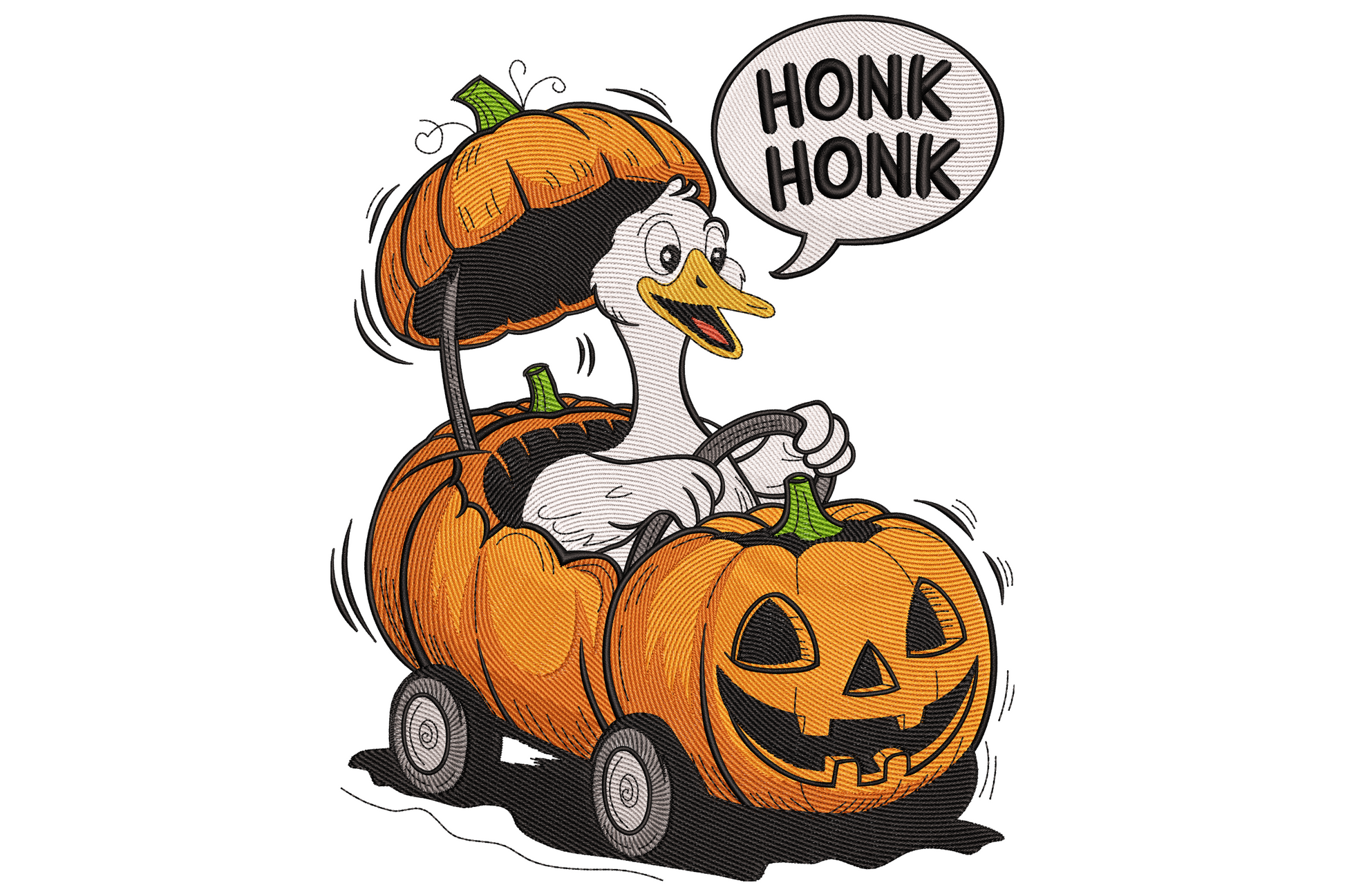 Cartoon white goose driving a hollowed-out pumpkin car with HONK HONK speech bubble and grinning jack-o-lantern halloween embroidery design