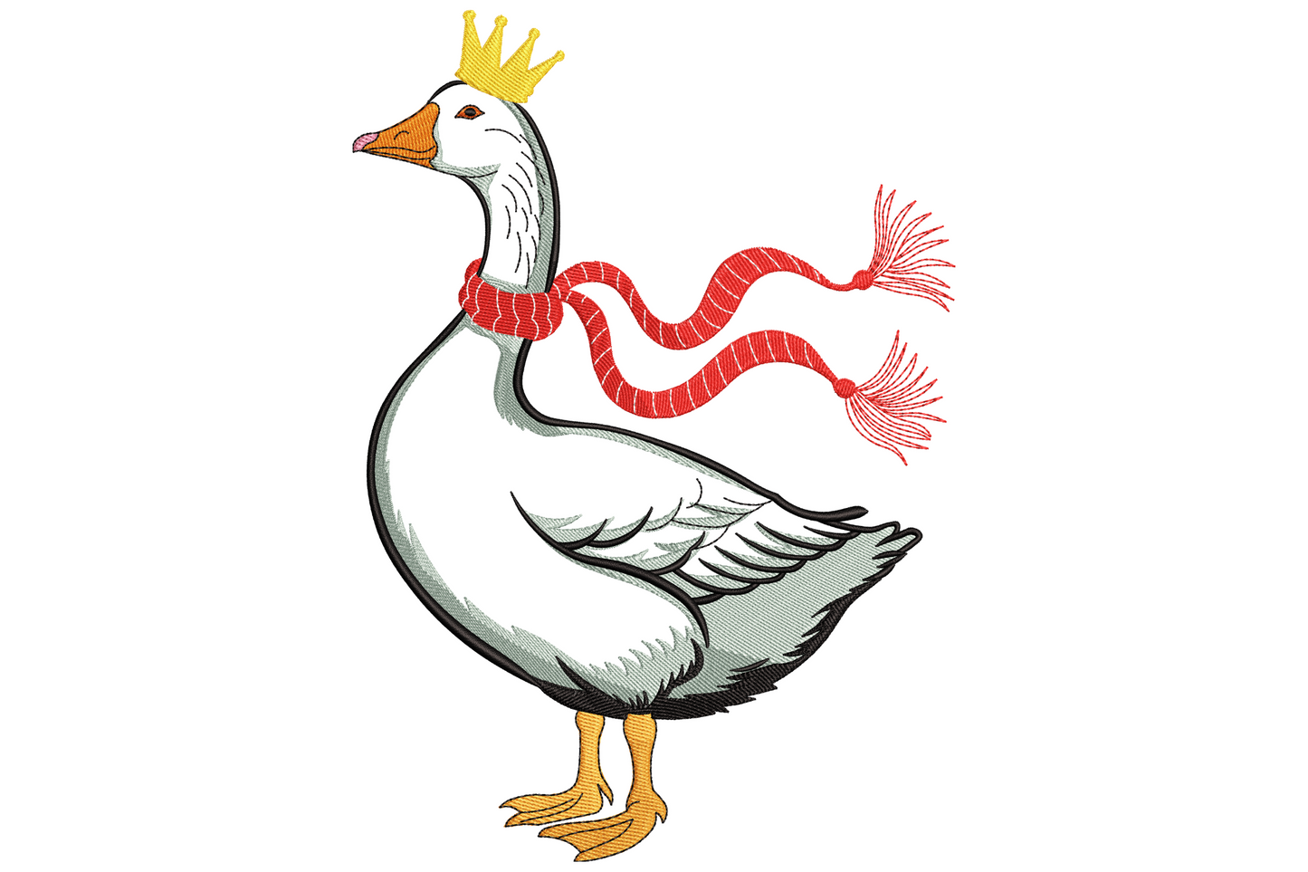 Goose with crown and scarf embroidery, white goose wearing gold crown and trailing crimson red tasselled scarf, semi-realistic side profile illustration.