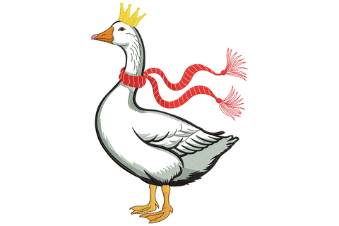 Goose with crown and scarf embroidery, white goose wearing gold crown and trailing crimson red tasselled scarf, semi-realistic side profile illustration.